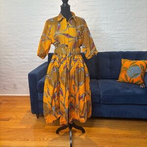 Mae Otti Vibrant African Print Button-Front Midi Dress with Belt